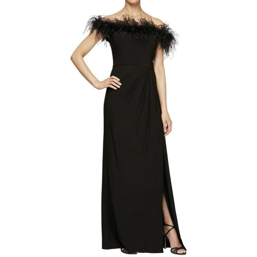 Alex Evenings Long Off-the-Shoulder Jersey Gown Front Slit Maribou Feather Trim